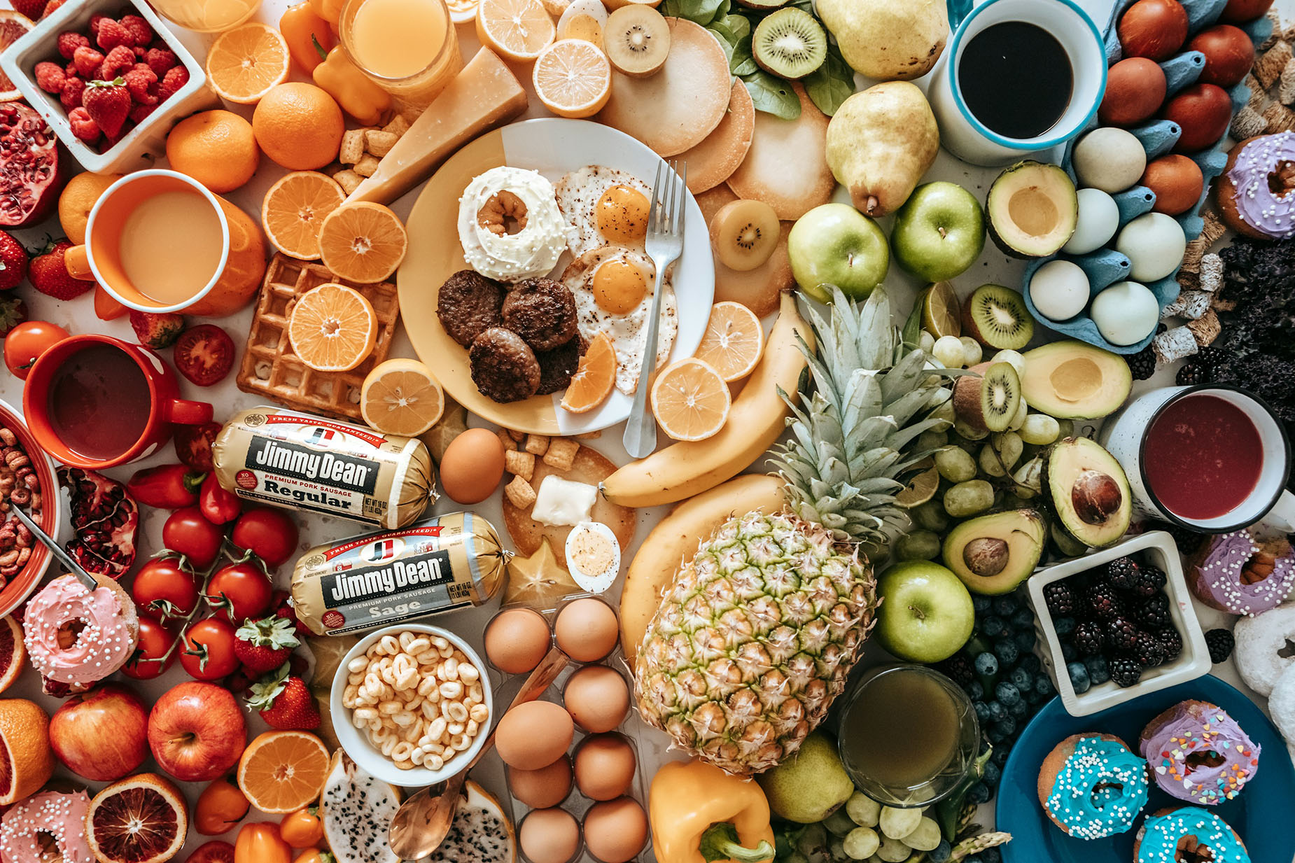 Breakfast foods fill the frame